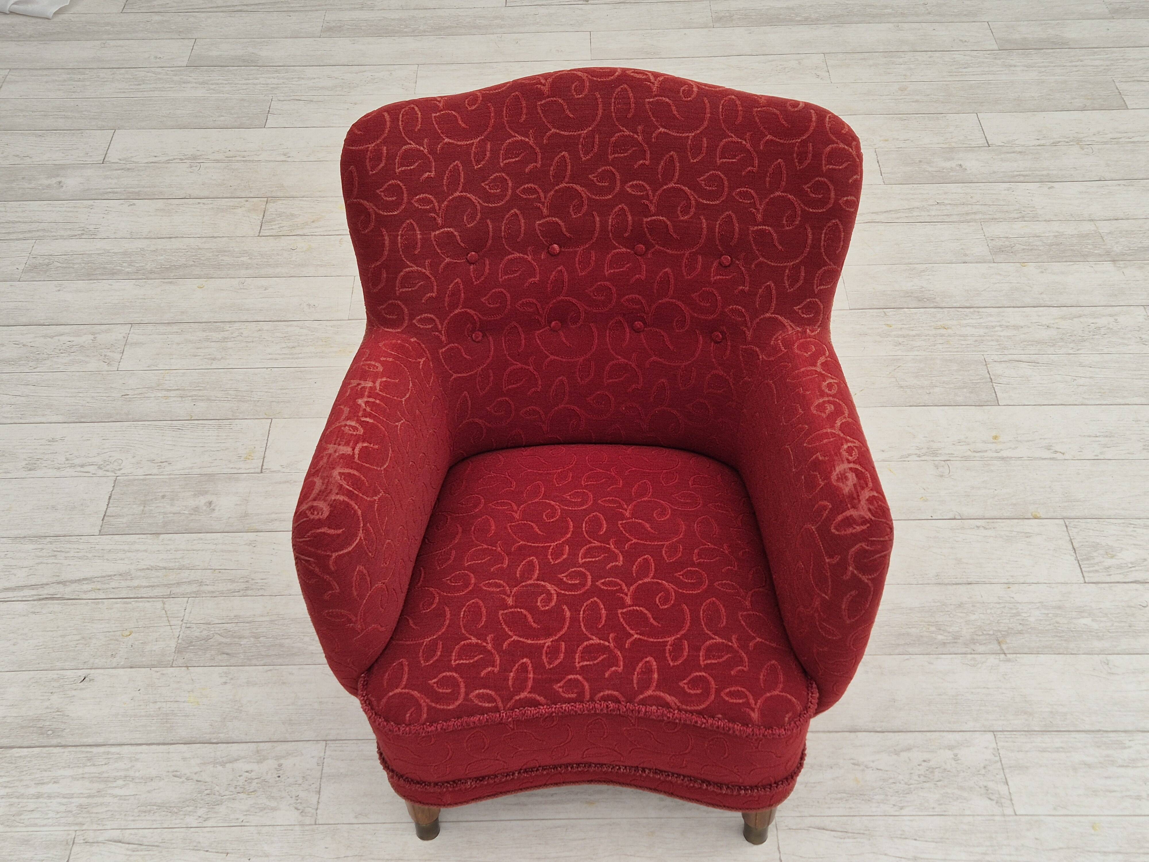 Années 1960, fauteuil relax danois, état d'origine, coton/laine rouge.