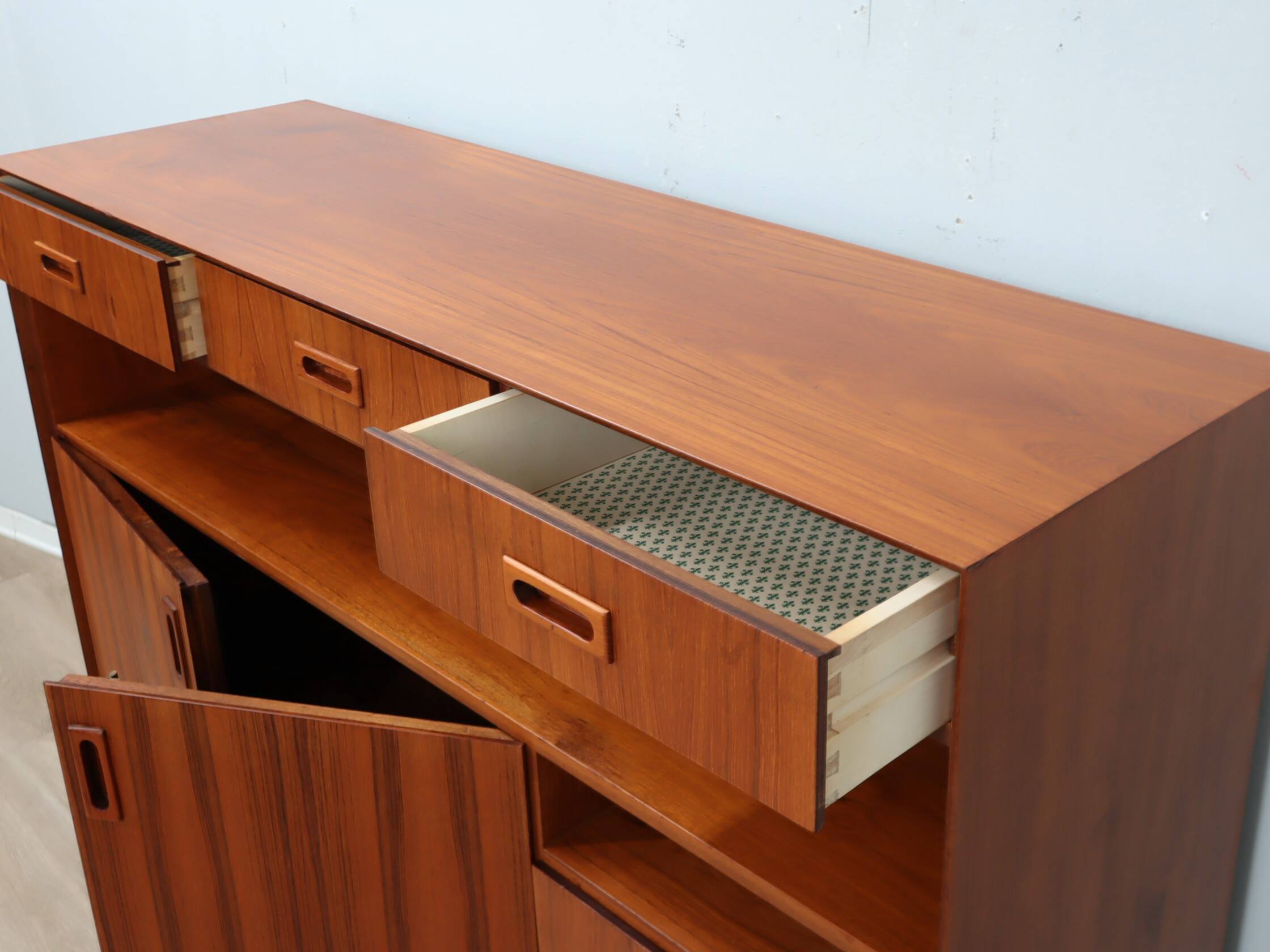 1960s Italian mid-century teak highboard restored with brass feet