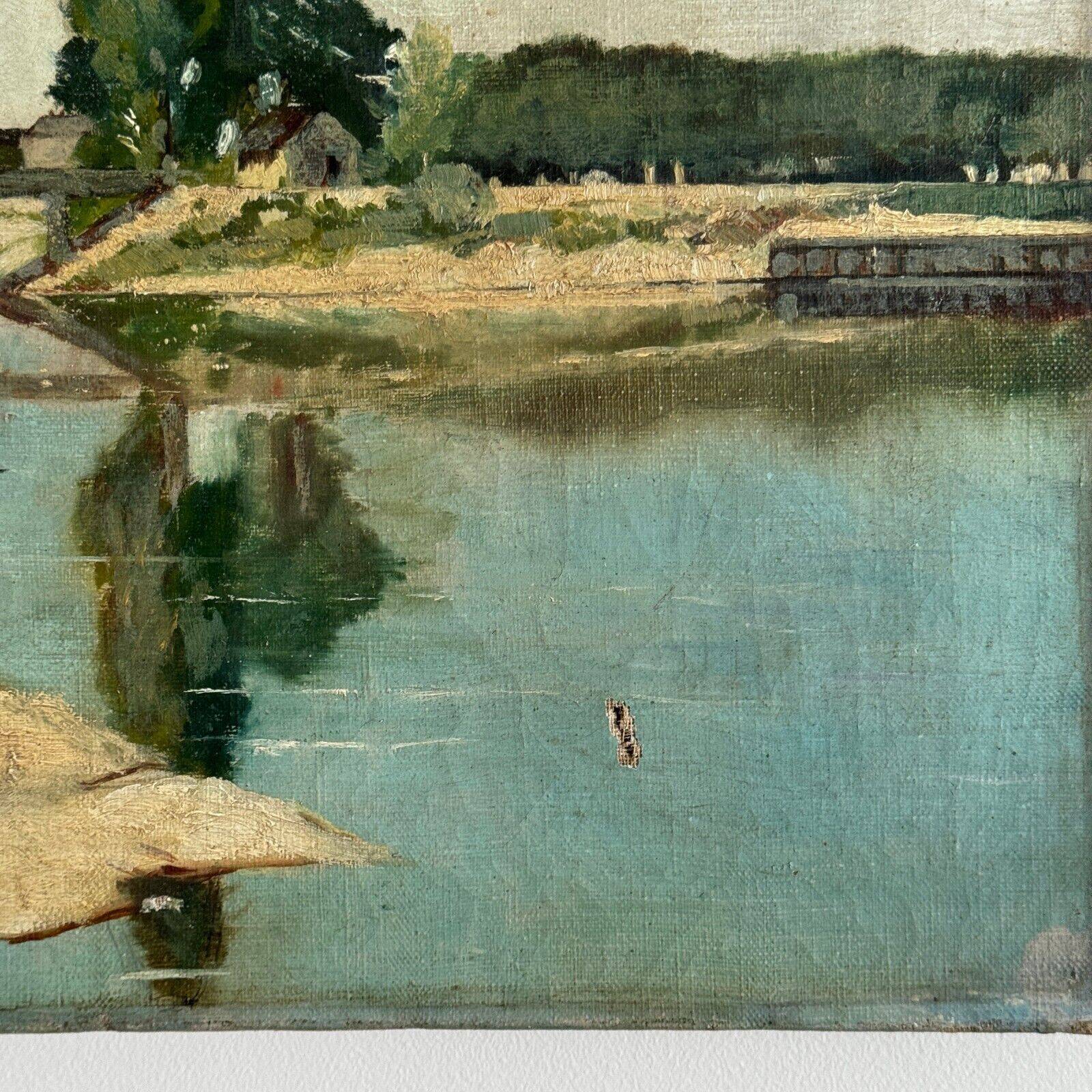 Oil on canvas depicting a river with a bridge, early 20th century