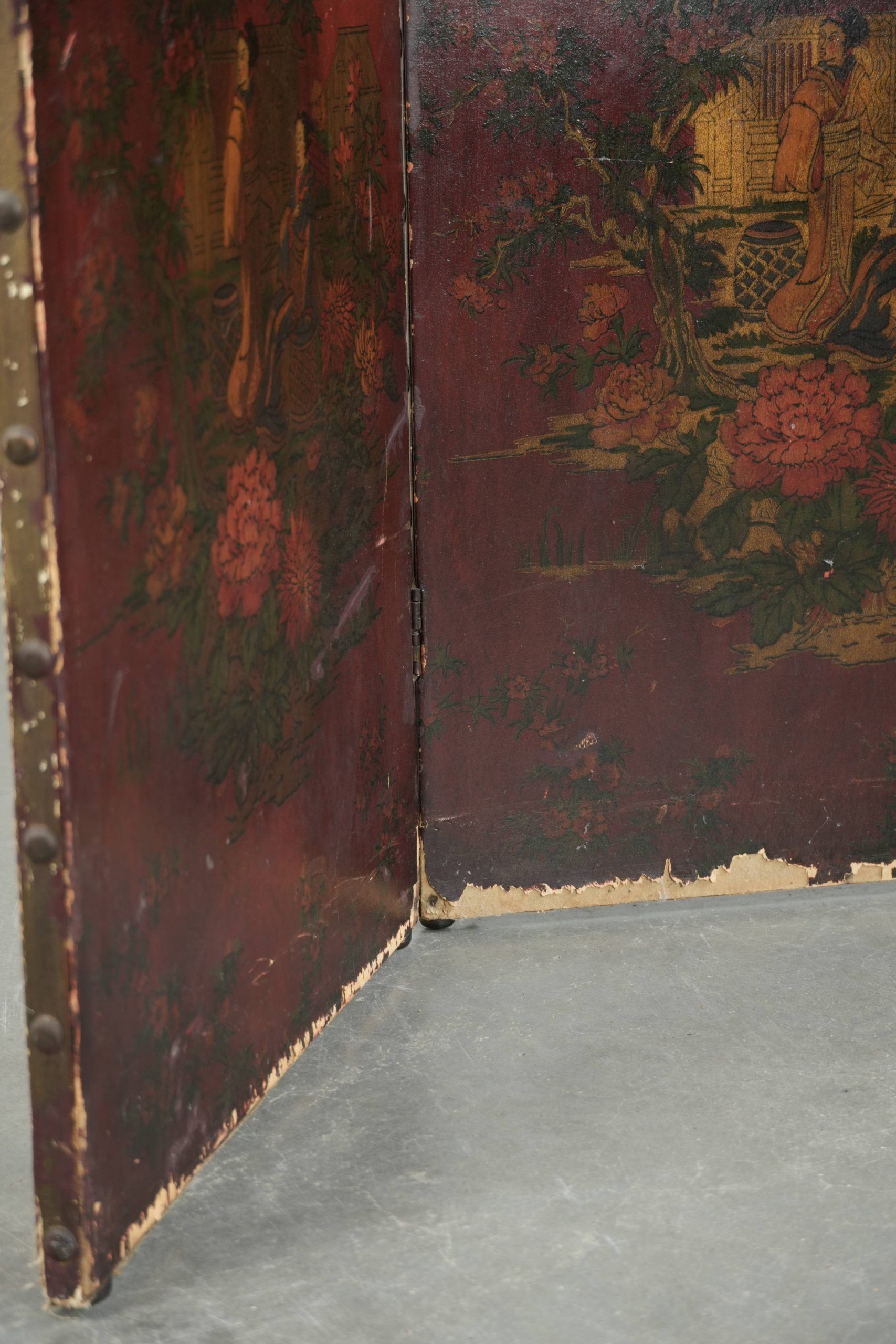 Antique English red leather hand-painted chinoiserie room divider/ screen