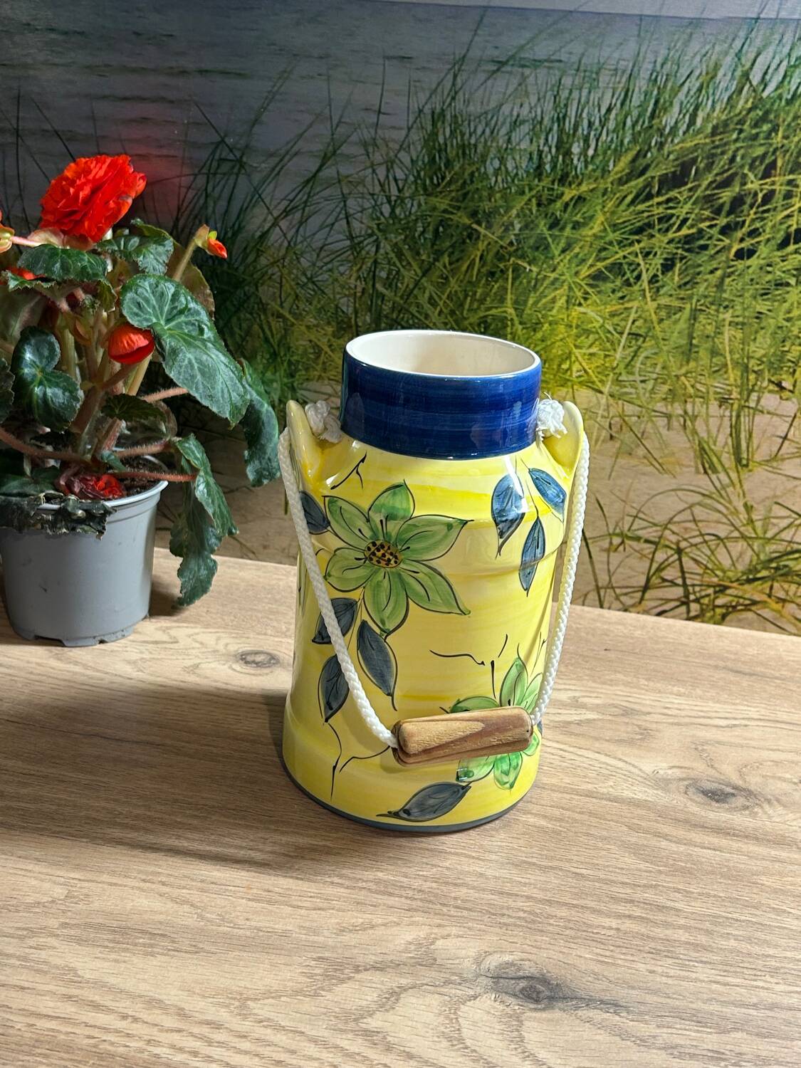Ceramic milk jug with floral decoration / vase / pitcher green / yellow 20cm