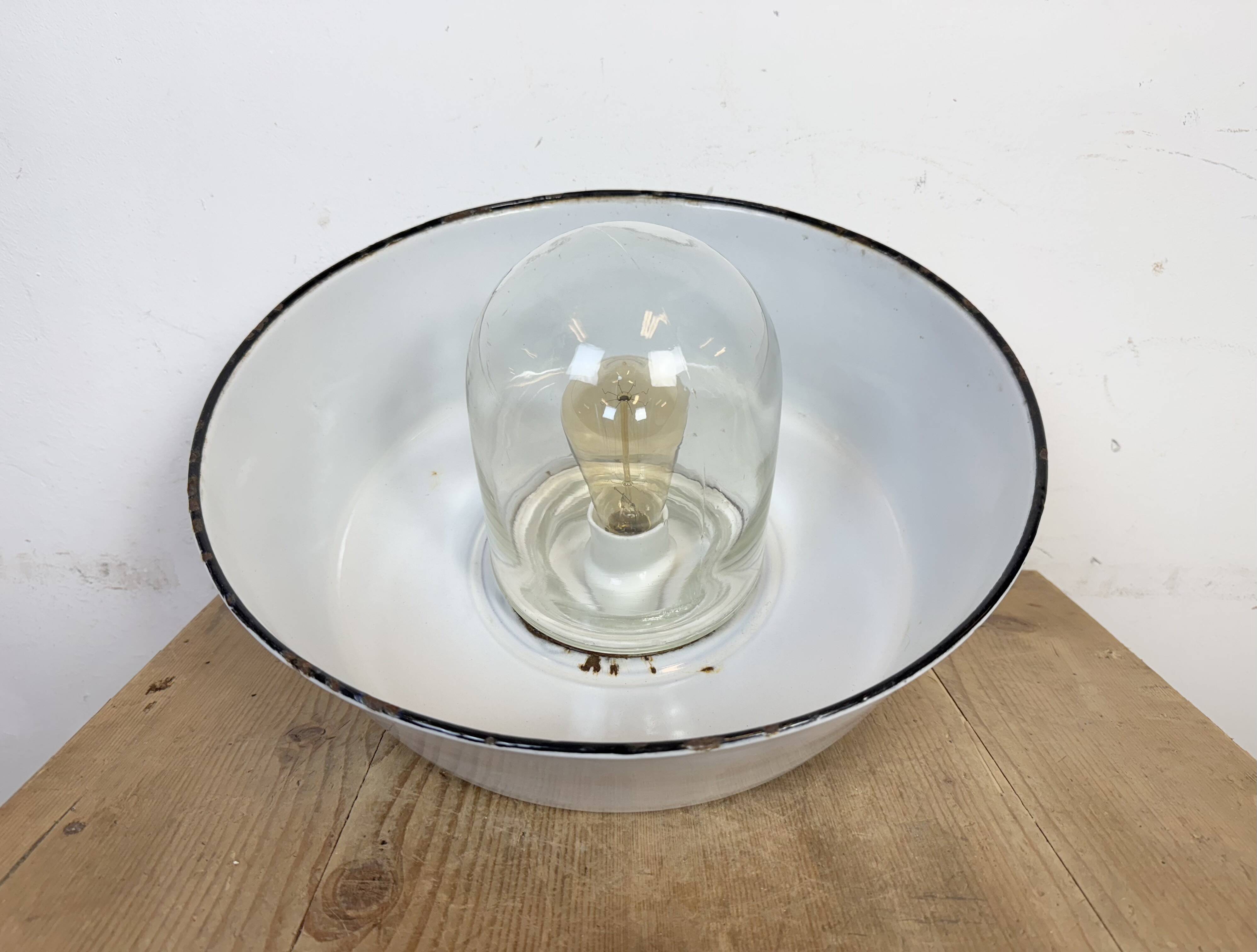 Industrial Grey Enamel Factory Pendant Lamp with Glass Cover, 1960s