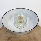Industrial Grey Enamel Factory Pendant Lamp with Glass Cover, 1960s