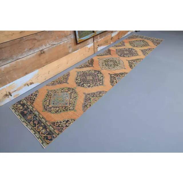 Vintage Turkish Oushak Handmade Wool Cotton Orange Runner Rug 90x373