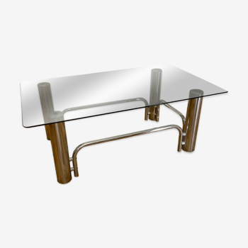 Coffee table in chrome-plated metal and smoked glass