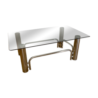 Coffee table in chrome-plated metal and smoked glass