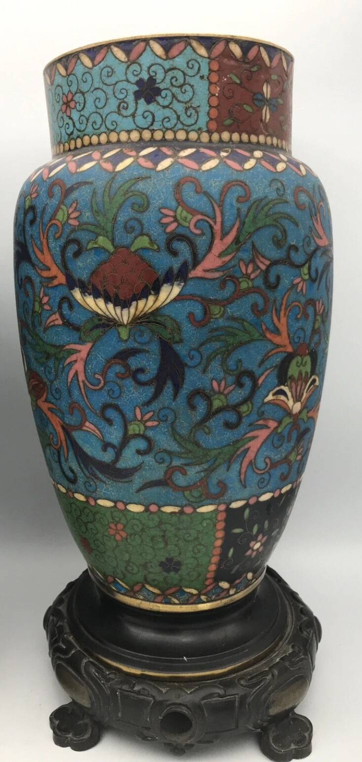 PAIR of Cloisonné Ceramic VASES, Floral Decoration, Bronze Base