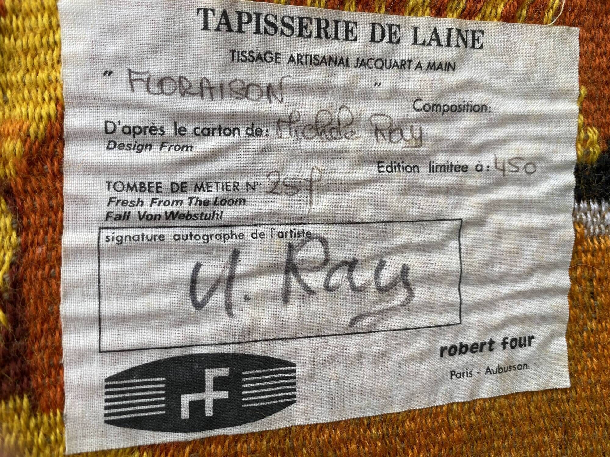 Aubusson Artisanal Tapestry signed M.Ray atelier Robert Four 1970