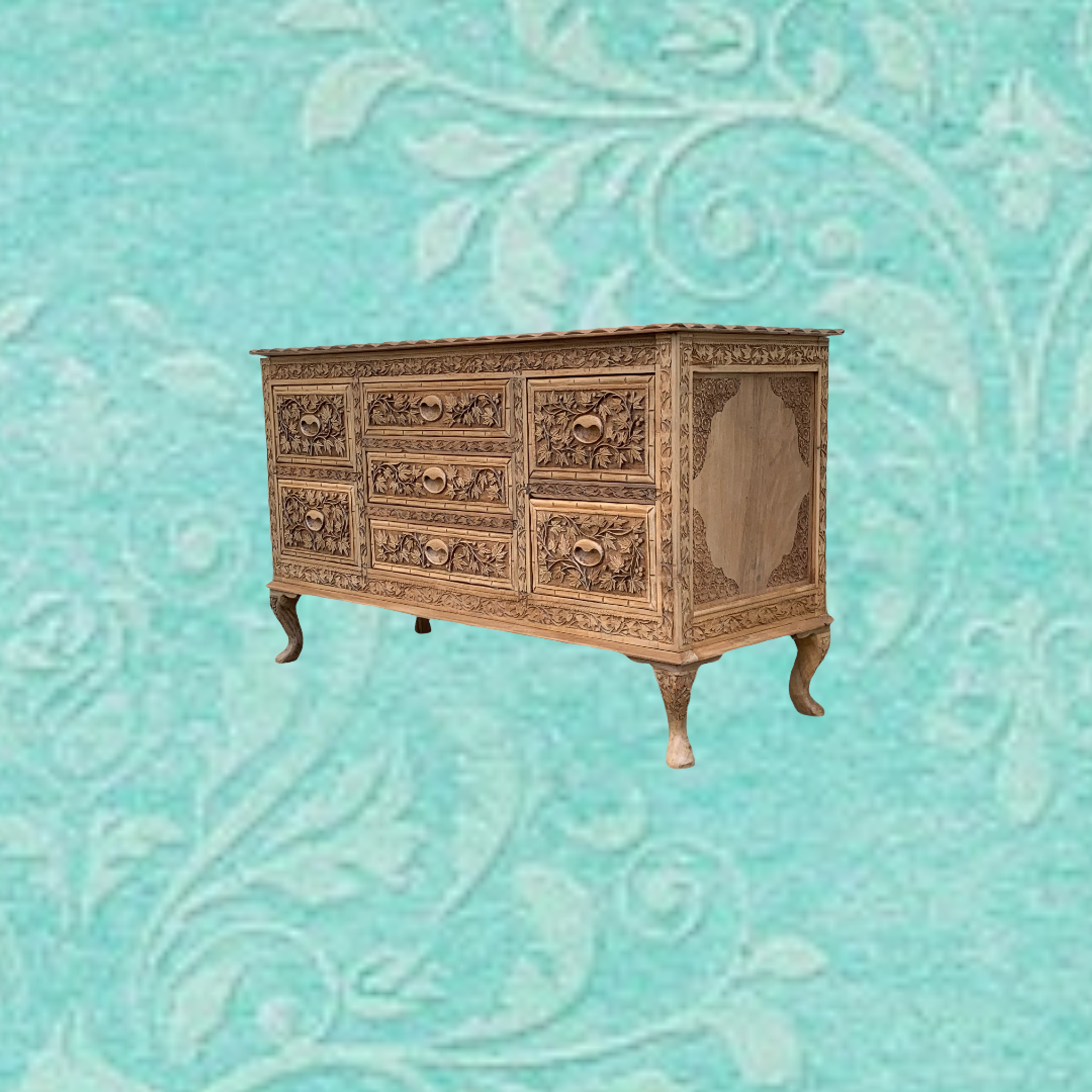 Commode vintage basse Padouk Massif sculpté 1950
