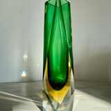 Submerged vase Mandruzzato Murano green and amber, sculpted faceted glass