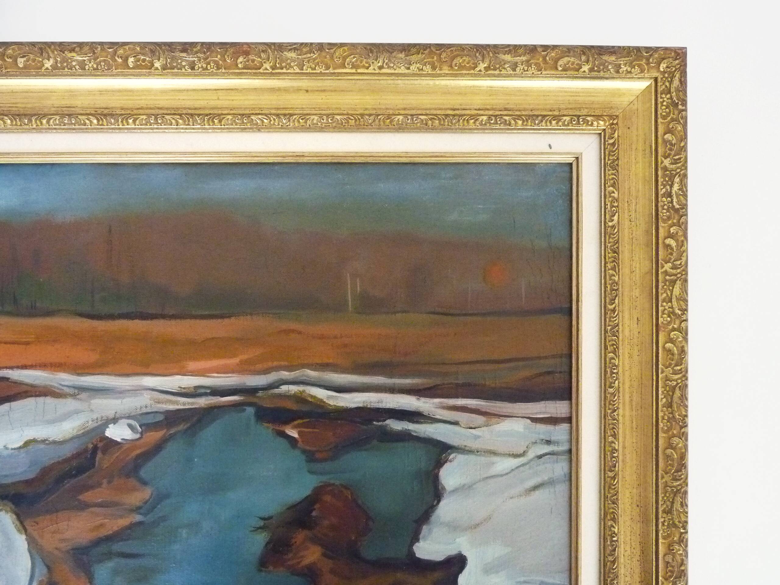 Abstract oil on canvas signed in its gilded wooden frame. 60s 70s