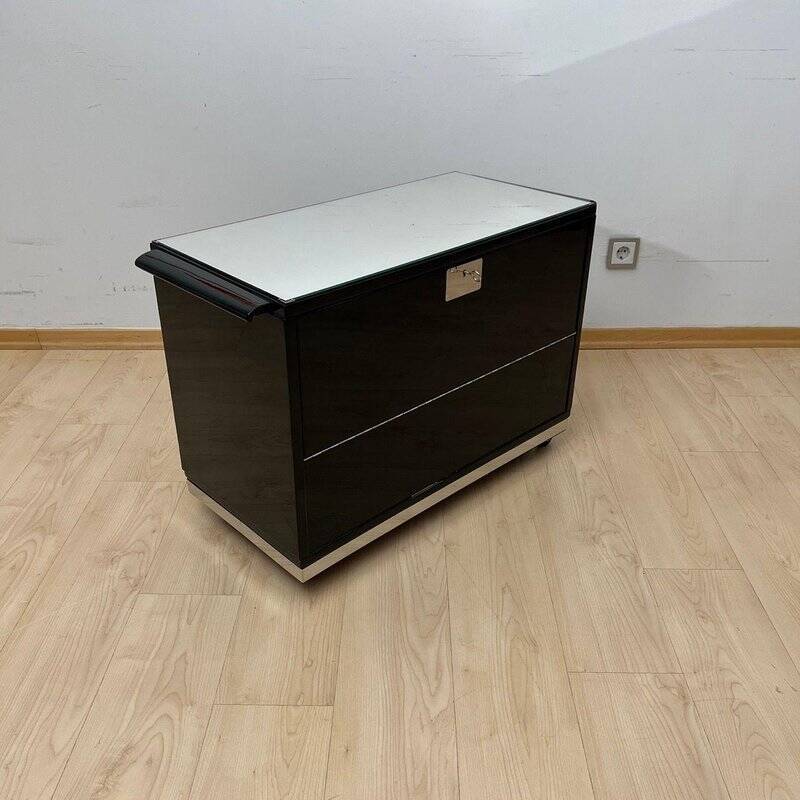 Art Deco Bar Cart in Black Lacquered Mahogany, Mirrored Glass & Chrome, France, 1930