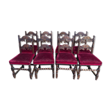 Suite of 8 Louis XIII style chairs oak and red velvet