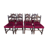 Suite of 8 Louis XIII style chairs oak and red velvet