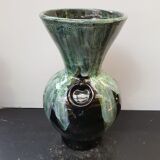 Ancien vase gaubier céramique émaillée noire coulures vert blanc vintage