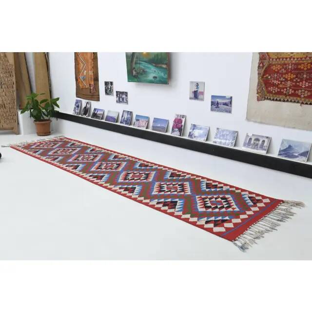1970s Vintage Turkish Oushak Handmade Wool Cotton Purple Runner Rug 90x364