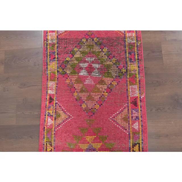 1970s Turkish Hand-Knotted Wool Cotton Pink Runner 79x371