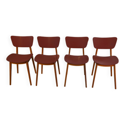 Ensemble de 4 chaises design chêne et skaï rouge 1960's