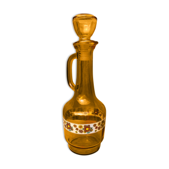 Carafe en verre fumé jaune et décor fleur vintage.