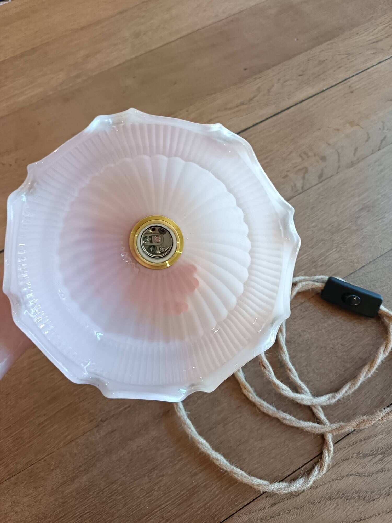Pale pink vintage glass lamp, gold socket