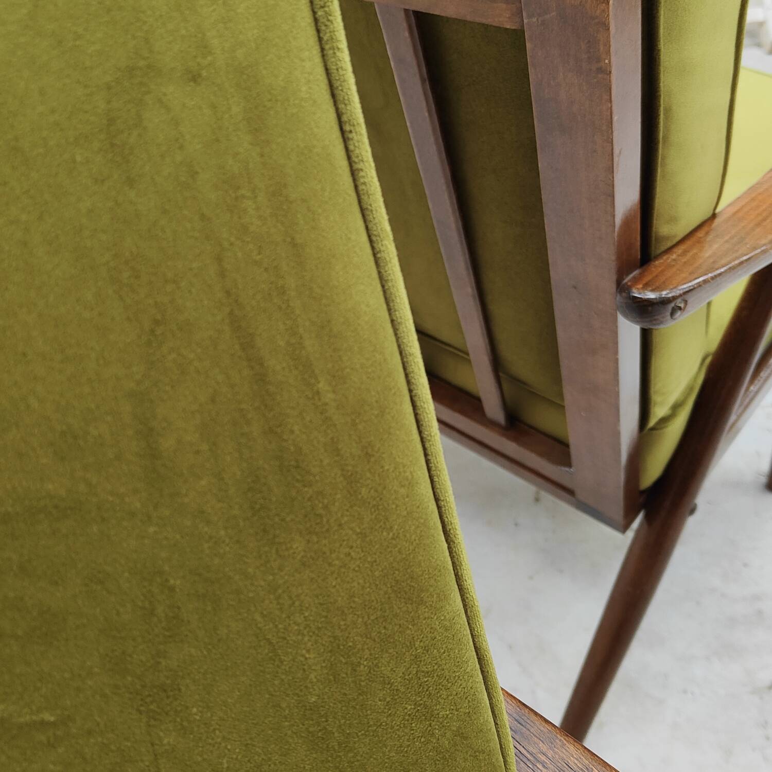 Pair of green velvet boomerang armchairs by Antonin Suman for Ton Bystrice "Thonet"