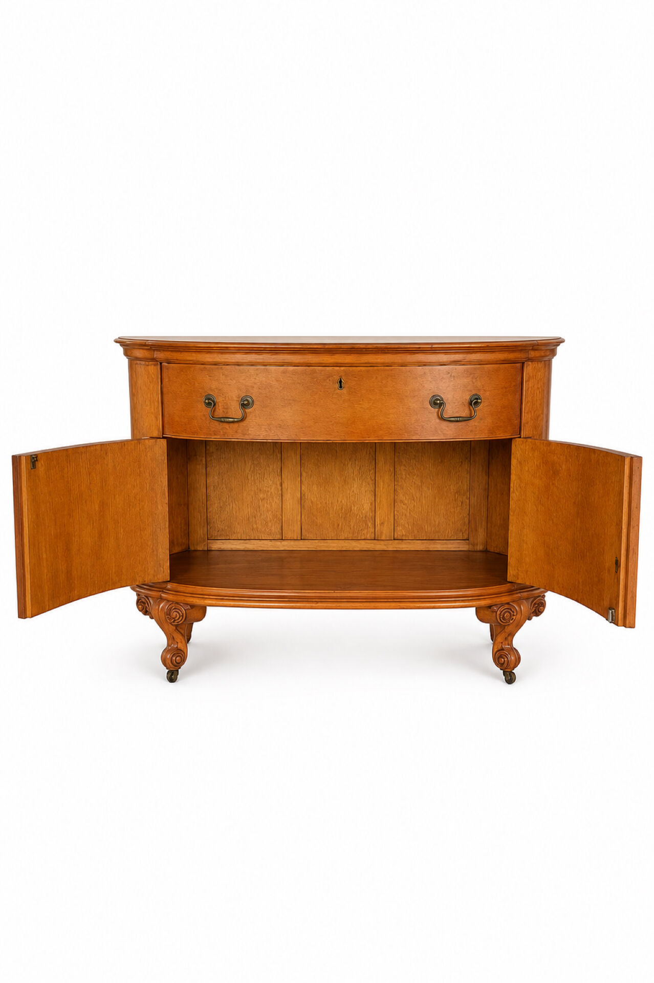 Half-moon commode from 1900 in lemon tree veneer, curved shape.