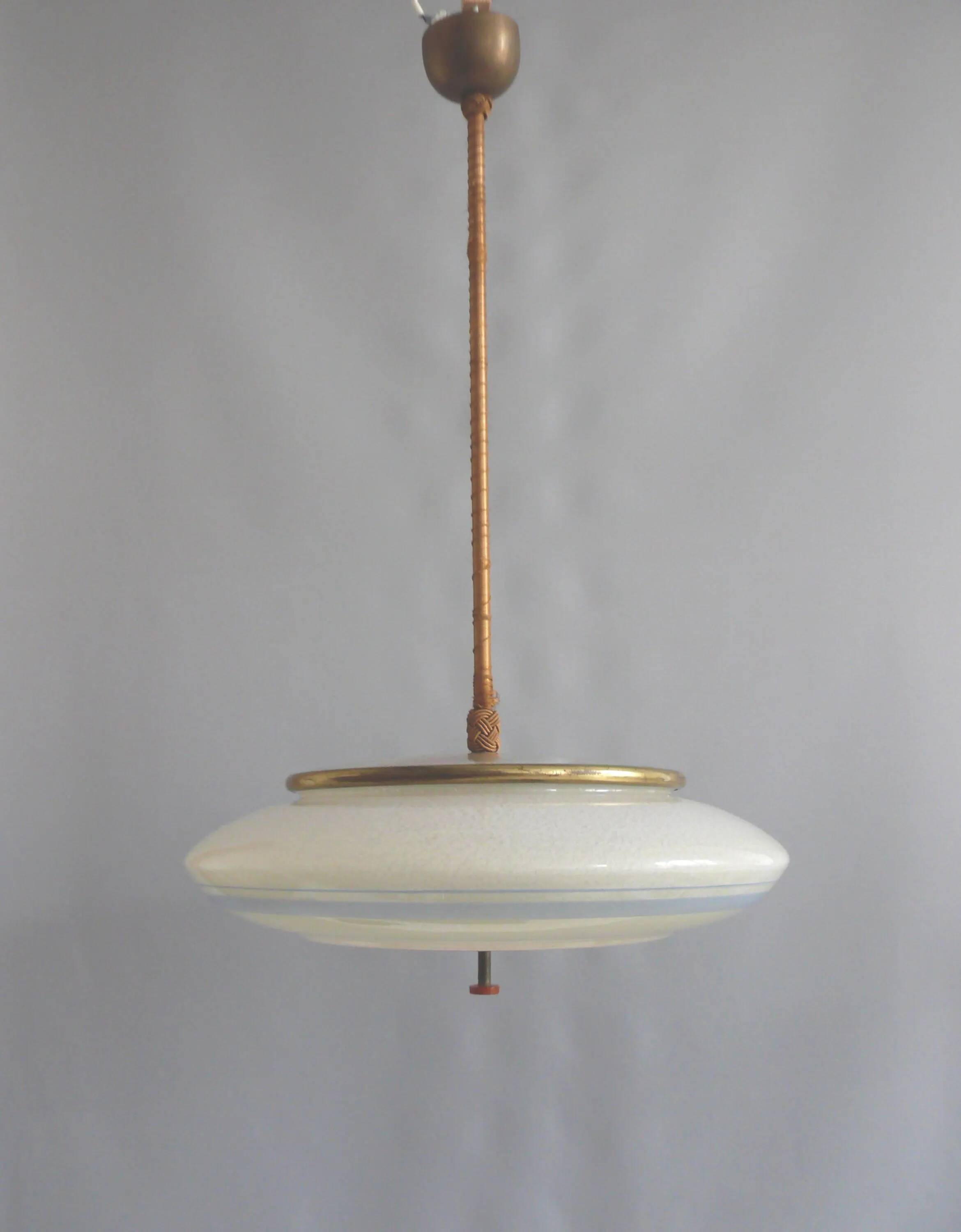 Suspension Art Déco en laiton blanc et verre - années 1930-1950