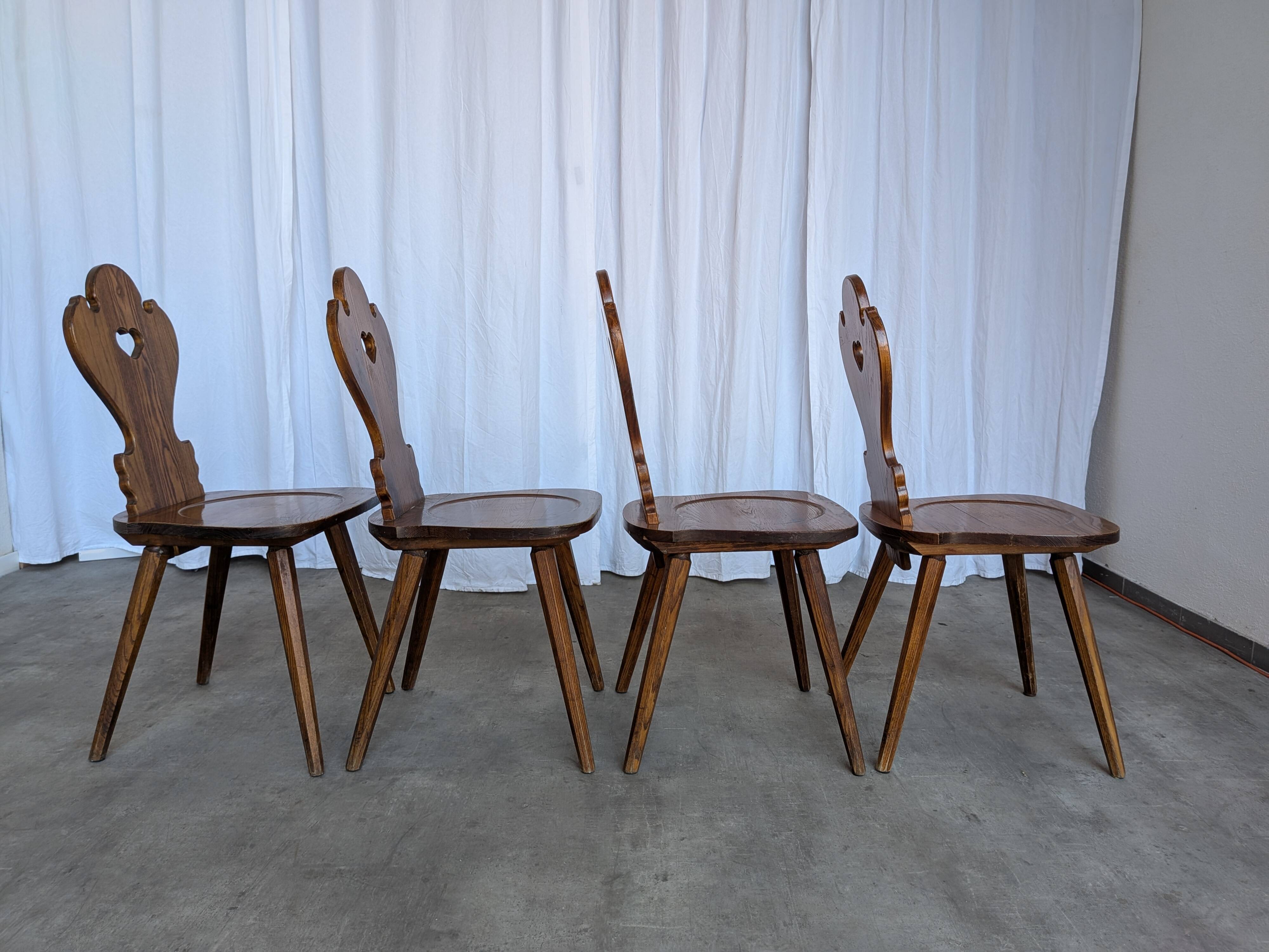 Set of 4 Farmhouse Tyrolean Chair with Heart Cutout Back / 1970s Vintage Di