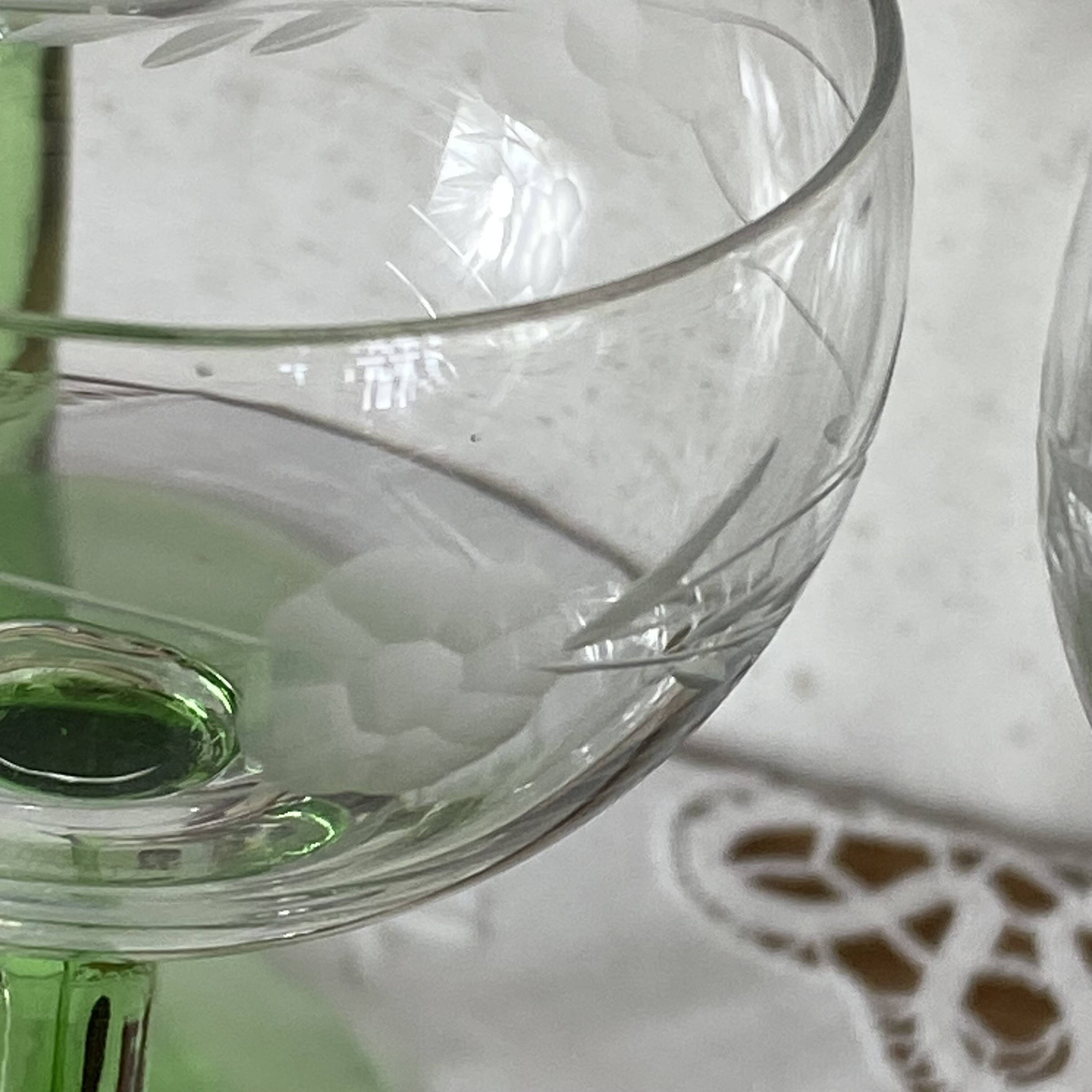 6 Alsace green footed crystal wine glasses engraved