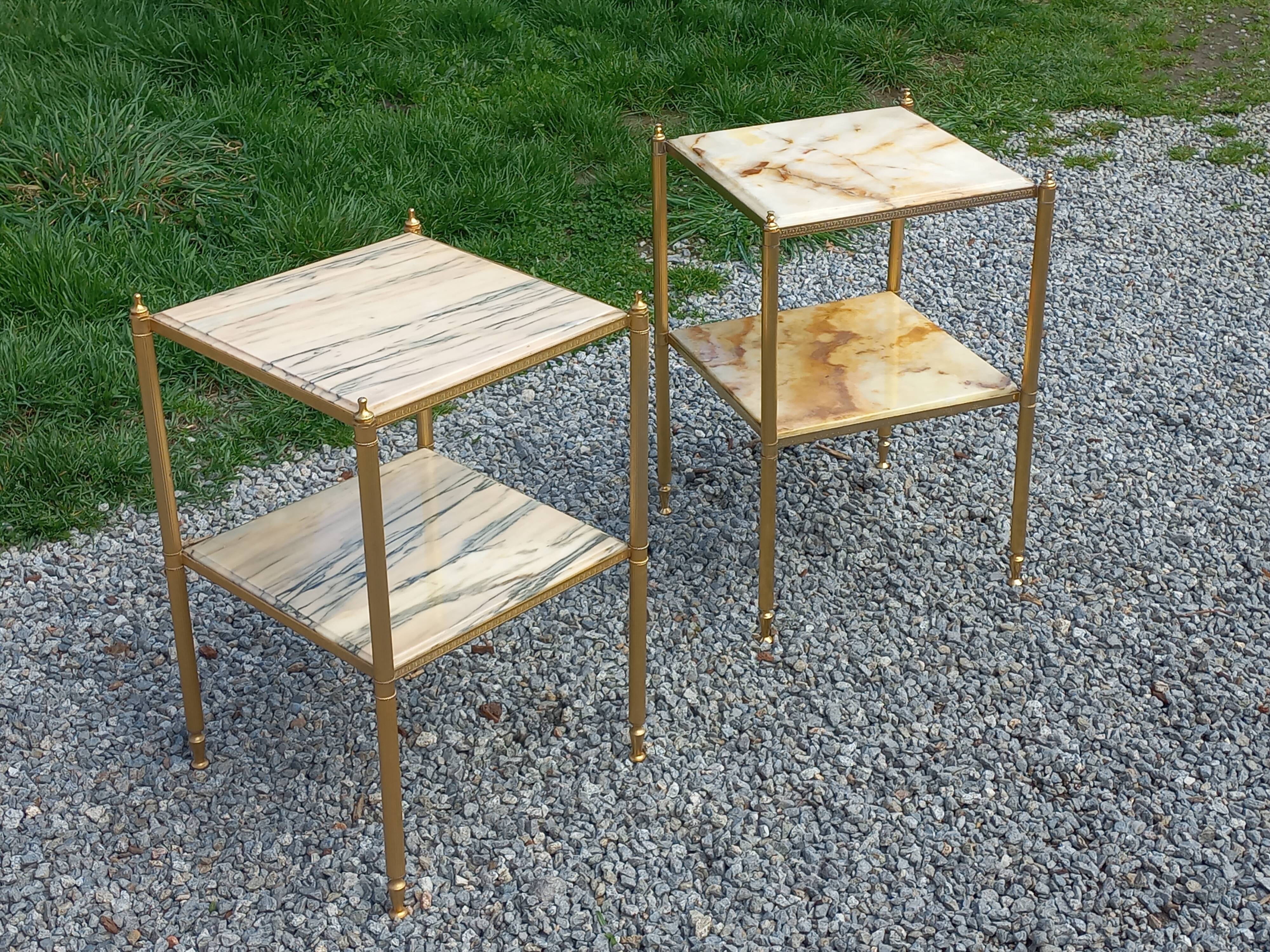 Pair of neoclassical side tables in bronze, brass, marble, and o.