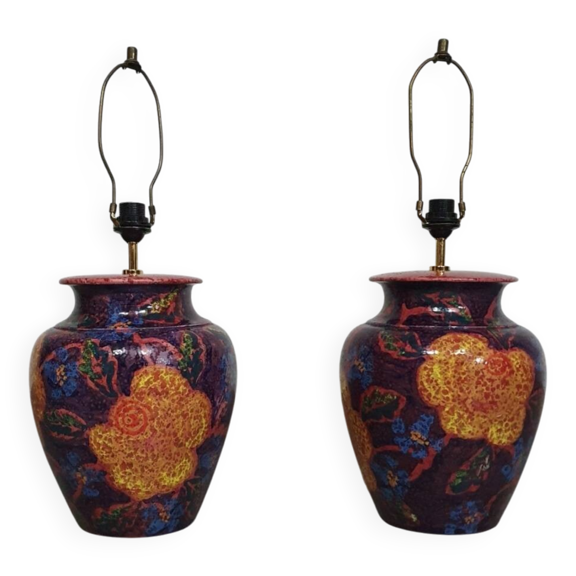 Hand - turned ceramic / glazed vase lamp holders French 1980s