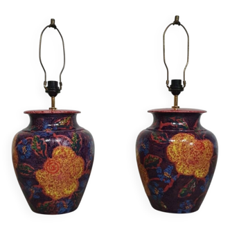 Hand - turned ceramic / glazed vase lamp holders French 1980s