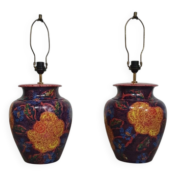 Hand - turned ceramic / glazed vase lamp holders French 1980s