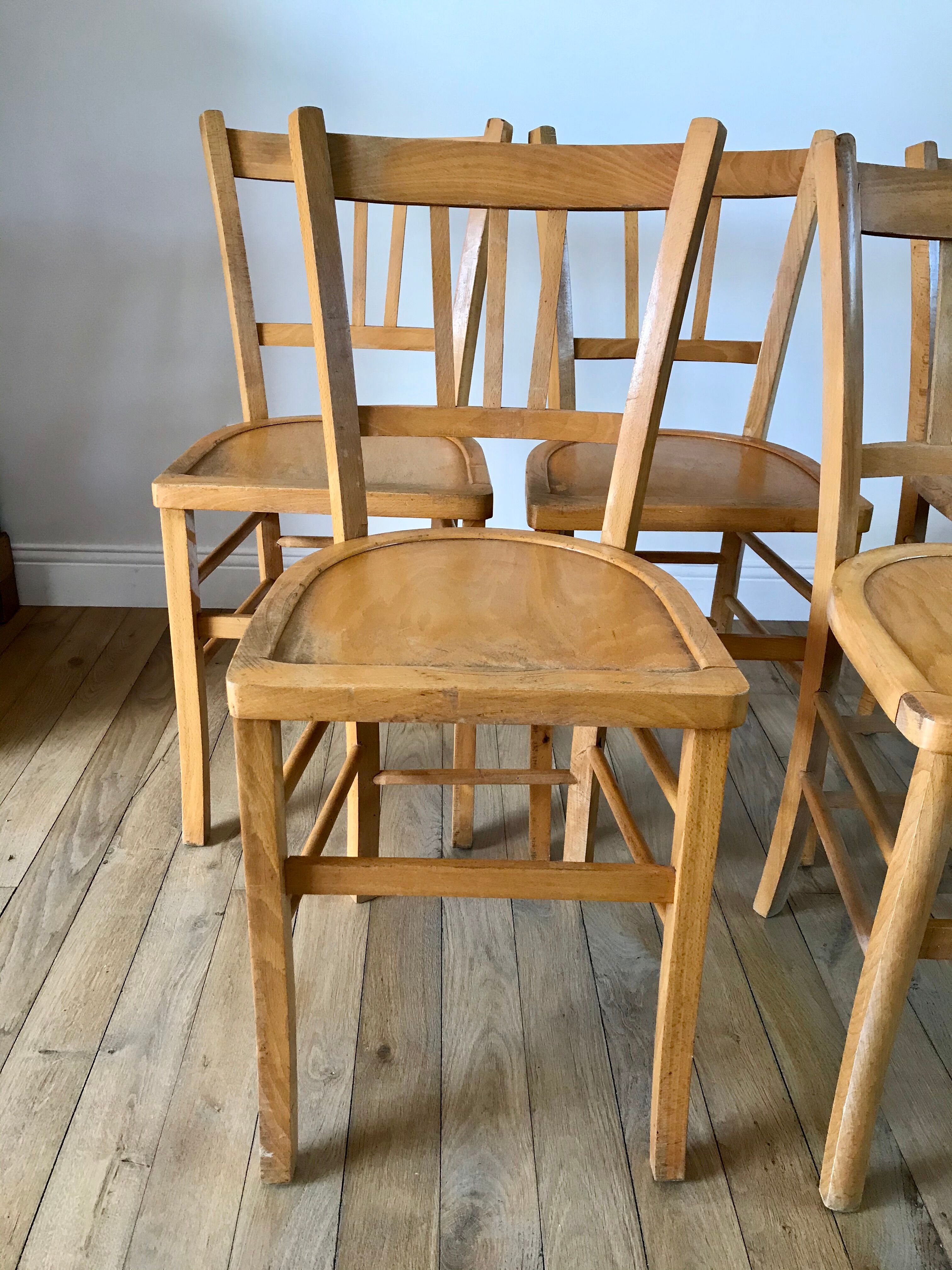 Set of 5 Luterma light blond wood bistro chairs from the 50s