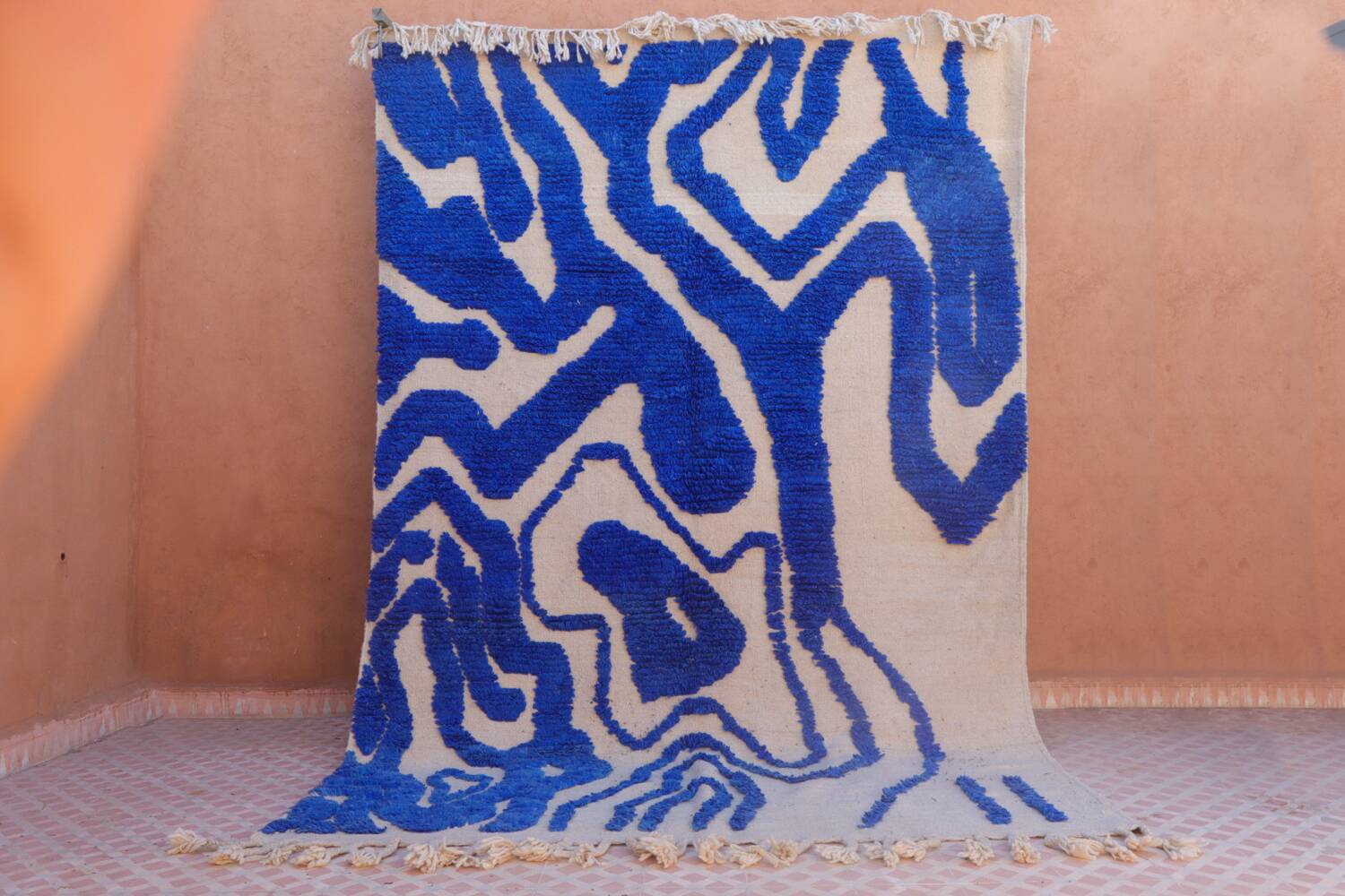Klein blue and white Berber rug with abstract relief