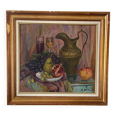 Russian still life with fruits and jug, oil on canvas signed 1986
