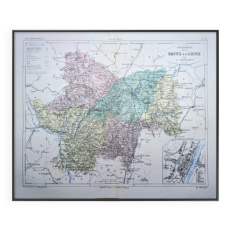 Saône-et-Loire, old map, printed in 1883.