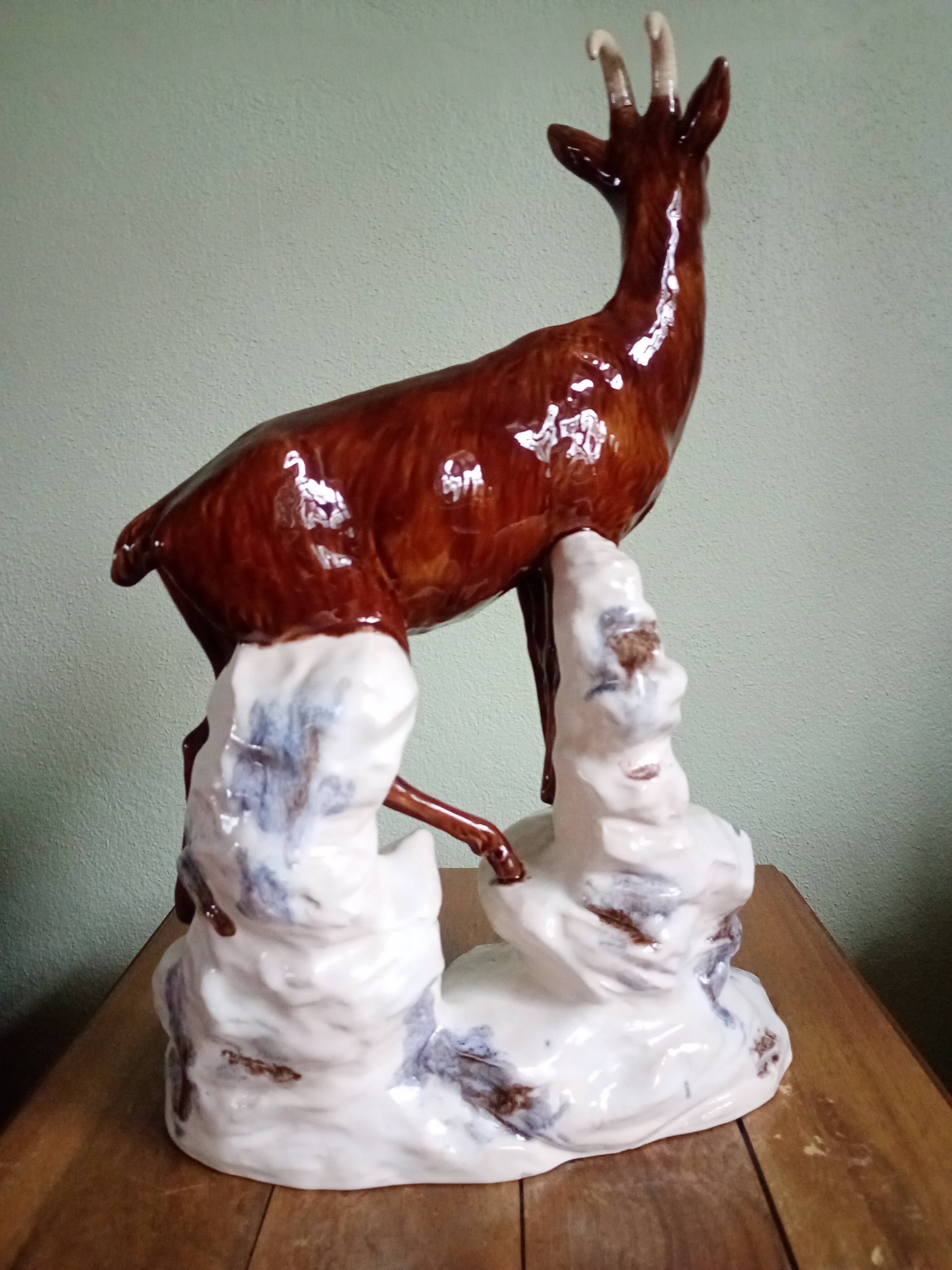 CHAMOIS animal statuette on a rock - enameled ceramic