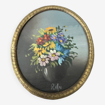 Miniature peinte à la main par Rolu bouquet de fleurs milieu XXe cadre en bois