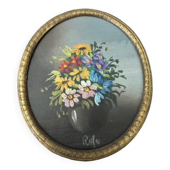 Miniature peinte à la main par Rolu bouquet de fleurs milieu XXe cadre en bois