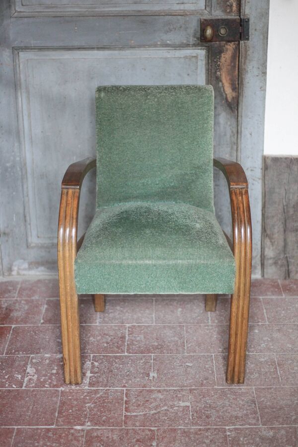 Fauteuil Art déco bois et tissu vert, fauteuil de salon, déco intérieur