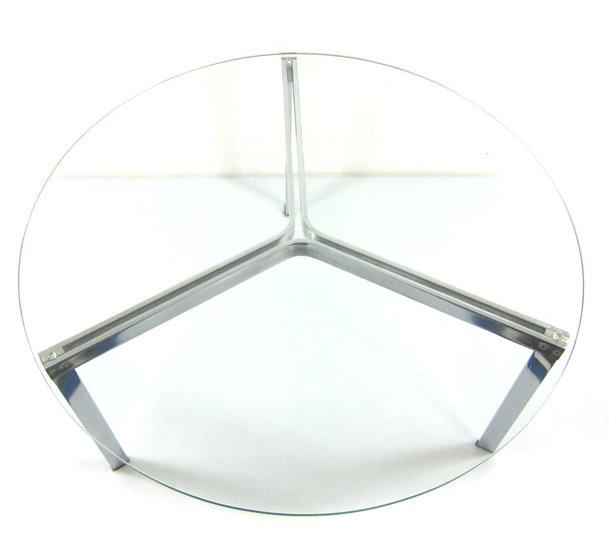 Modernist glass coffee table with stainless steel base
