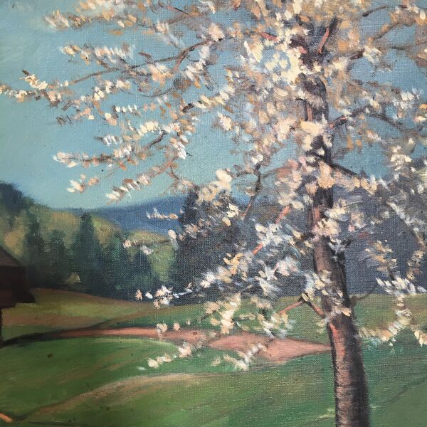Tableau ancien chalet et arbre en fleurs