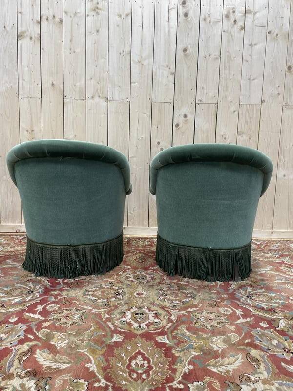 Pair of Napoleon III style green velvet toad armchairs