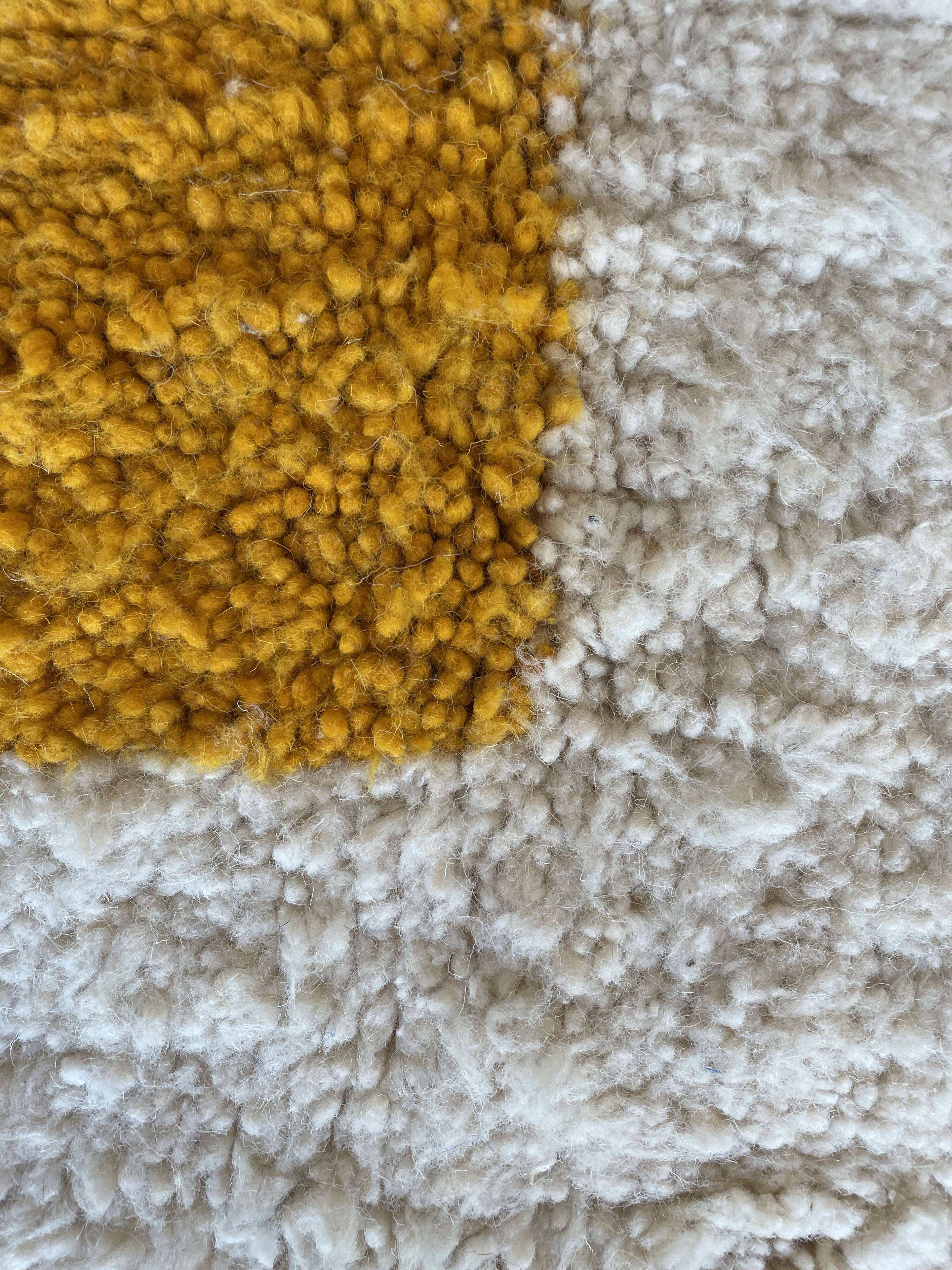 Berber carpet béni ouarain modern white with abstract patterns mustard yellow and blue majorelle