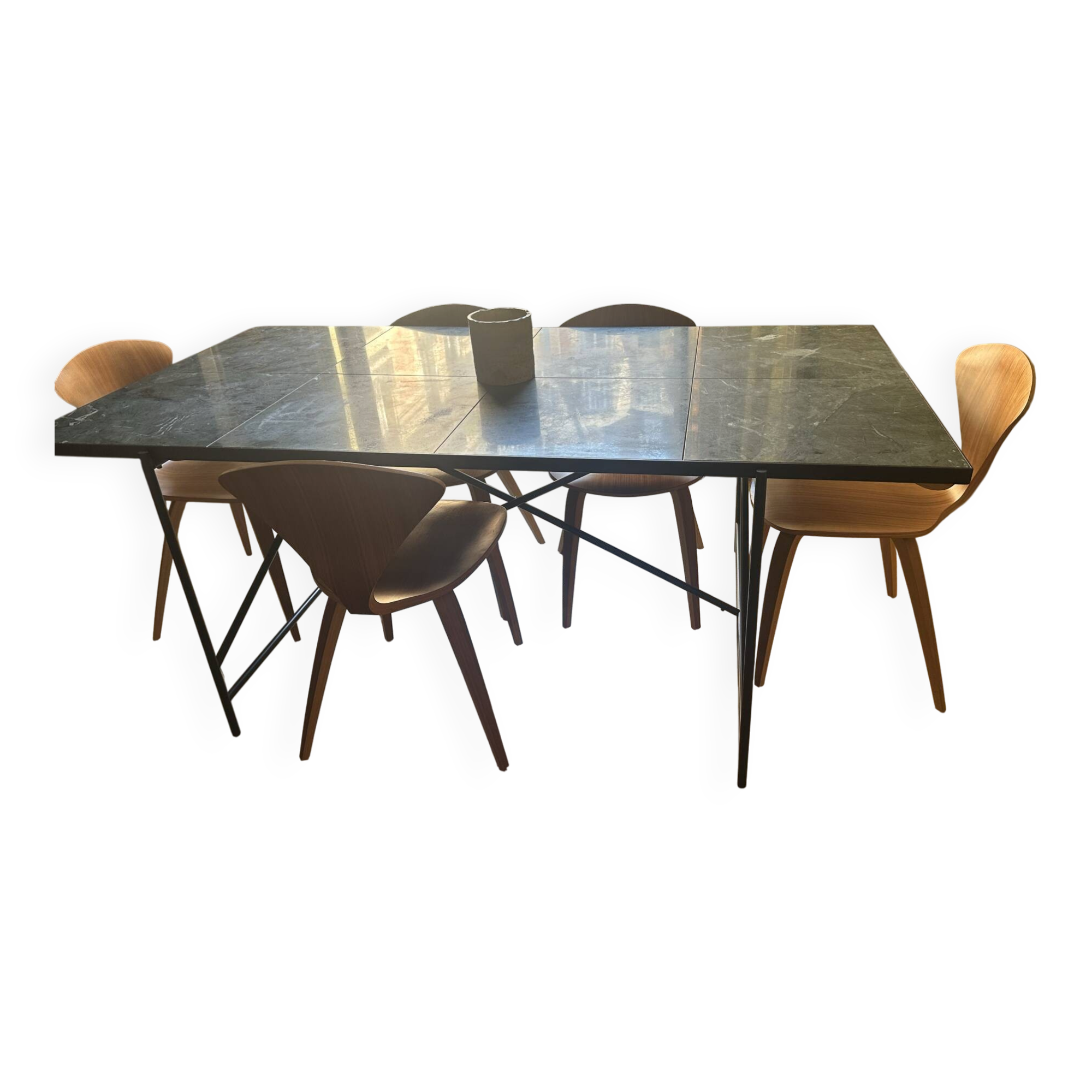 Non-extensible marble green dining table + 6 chairs