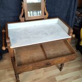 Table de toilette, coiffeuse ancienne en bois et marbre blanc