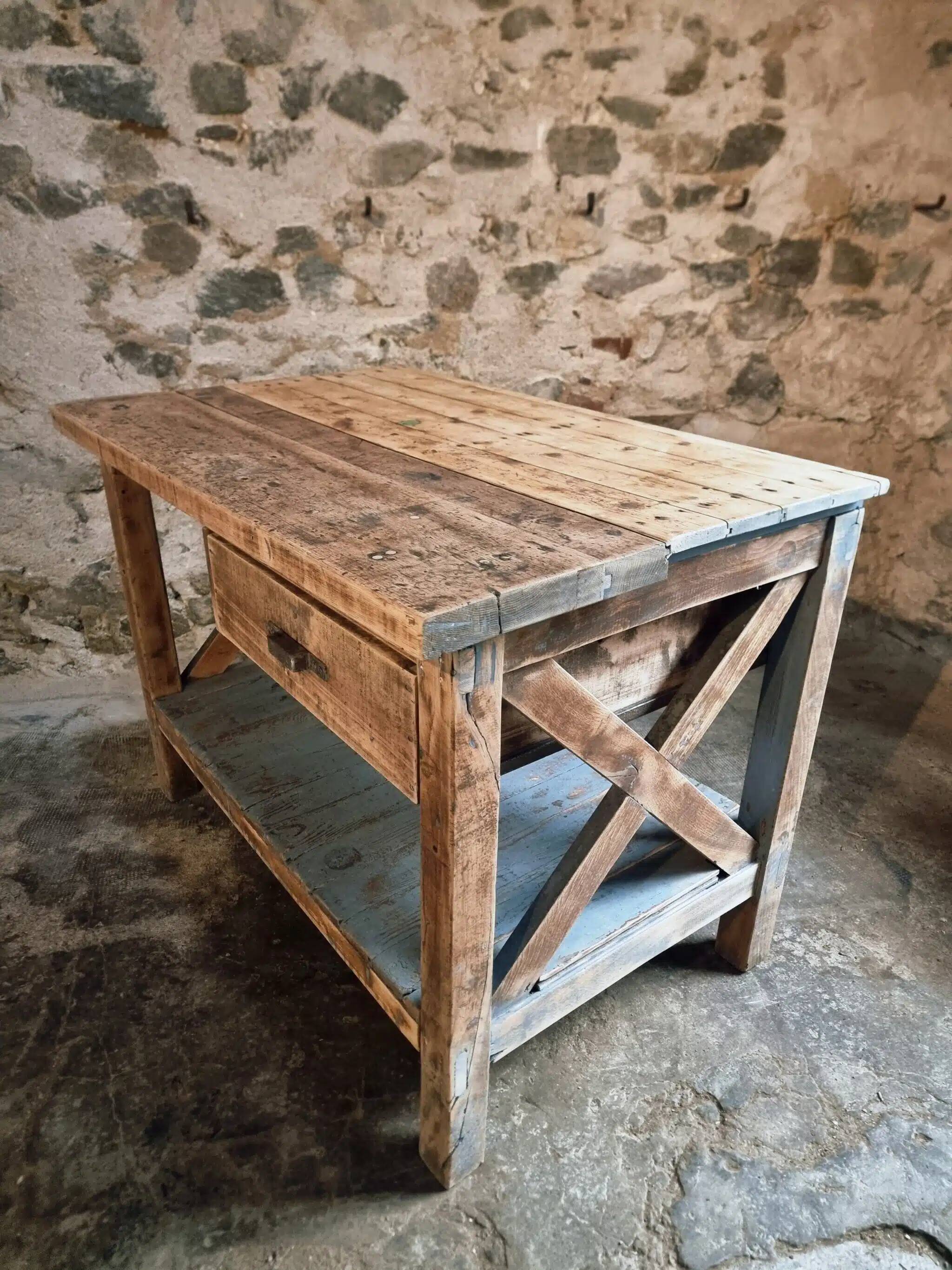 Vintage French industrial workbench – 1920s/1930s oak and pine table with drawer