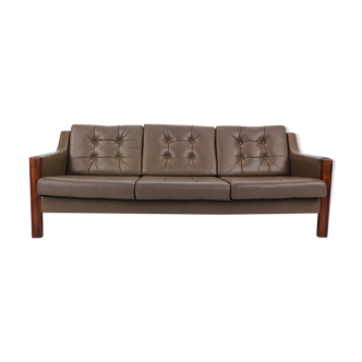 Scandinavian mid century three seater leather sofa & rosewood, 1970's