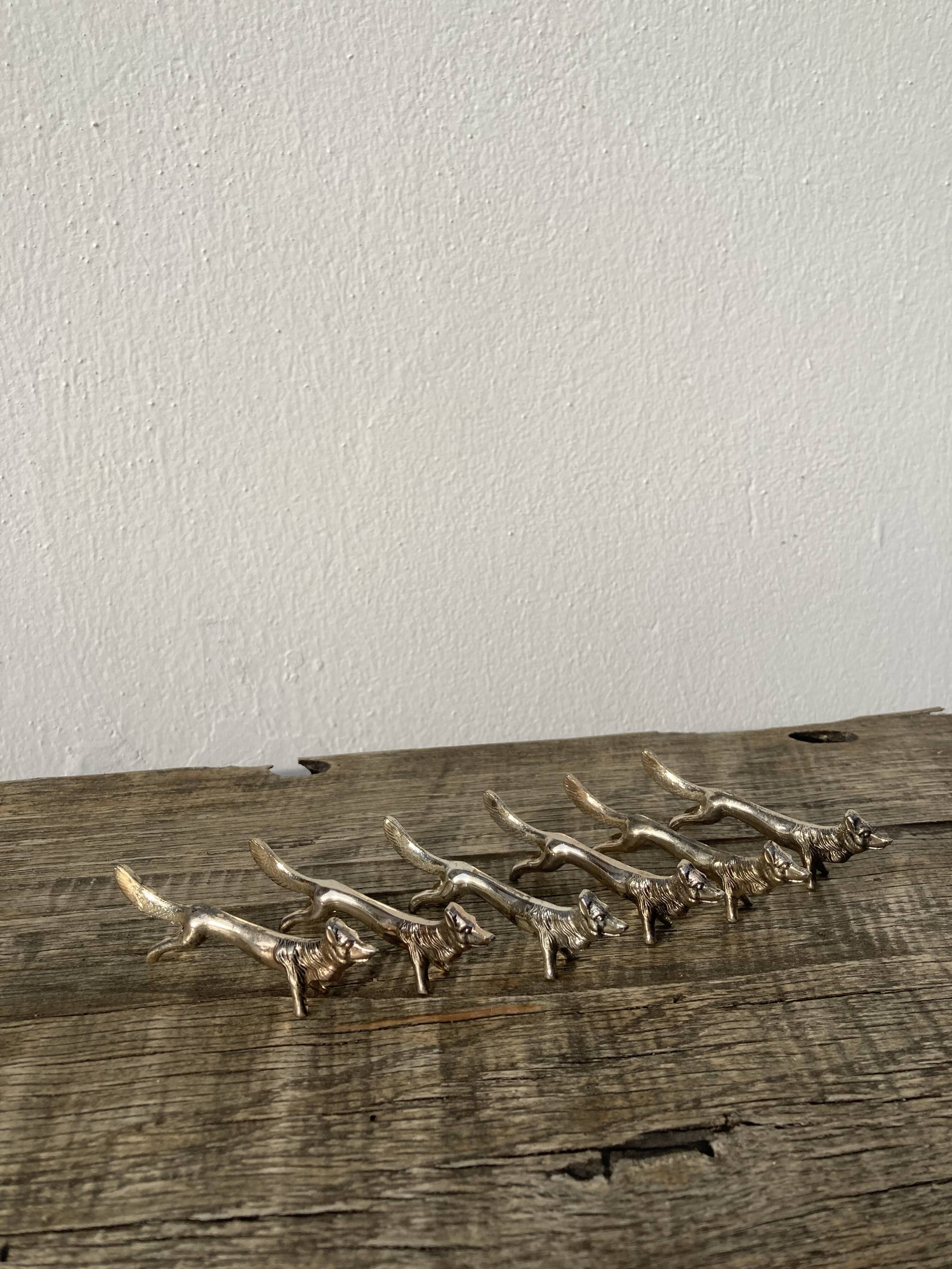 6 knife holders silver metal animals dog wolf